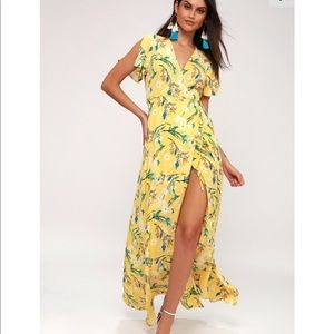 Lulus GARDEN YELLOW FLORAL PRINT WRAP MAXI DRESS